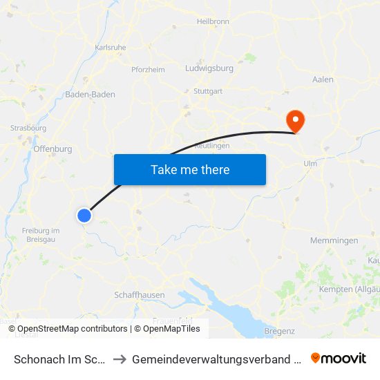 Schonach Im Schwarzwald to Gemeindeverwaltungsverband Lonsee-Amstetten map