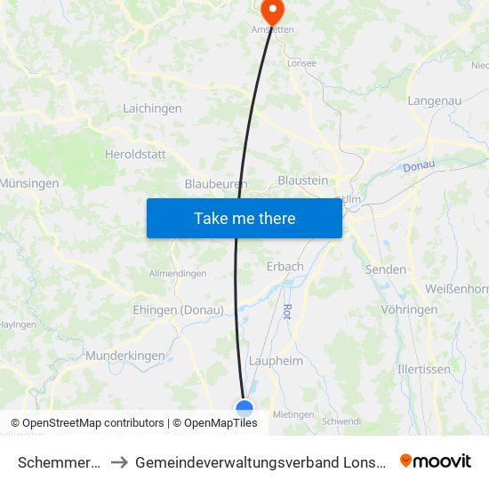 Schemmerhofen to Gemeindeverwaltungsverband Lonsee-Amstetten map