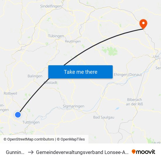 Gunningen to Gemeindeverwaltungsverband Lonsee-Amstetten map