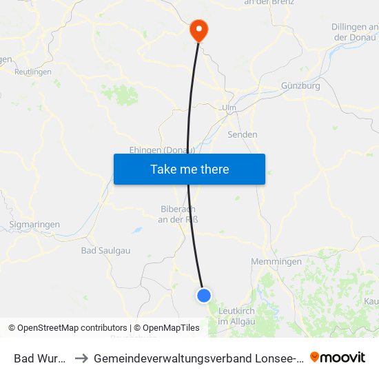 Bad Wurzach to Gemeindeverwaltungsverband Lonsee-Amstetten map
