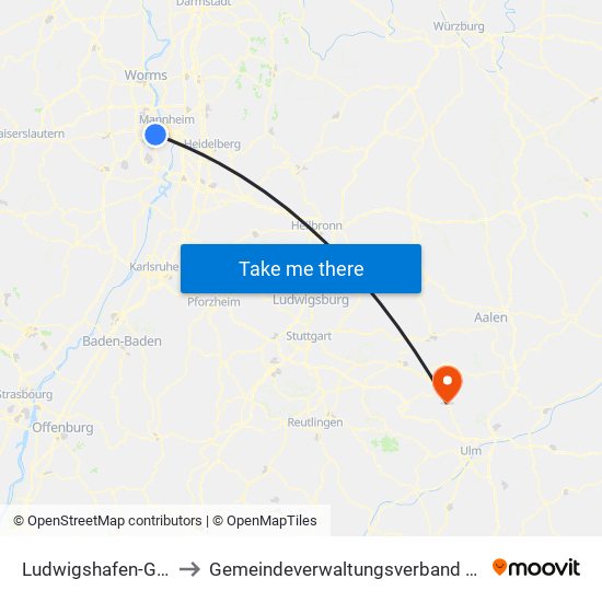 Ludwigshafen-Gartenstadt to Gemeindeverwaltungsverband Lonsee-Amstetten map