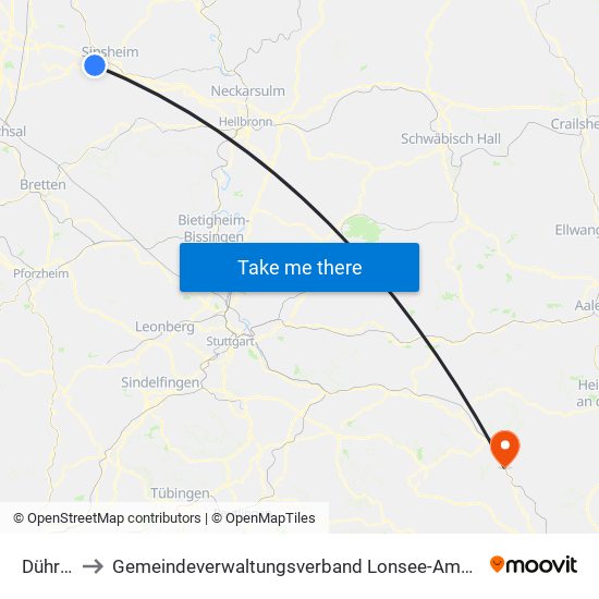 Dühren to Gemeindeverwaltungsverband Lonsee-Amstetten map