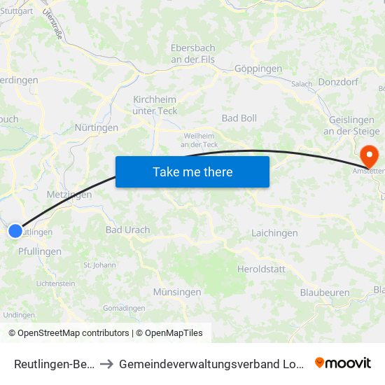 Reutlingen-Betzingen to Gemeindeverwaltungsverband Lonsee-Amstetten map