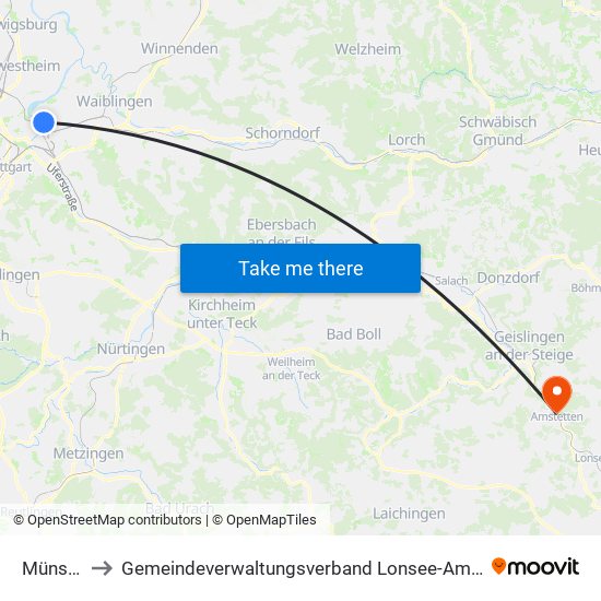 Münster to Gemeindeverwaltungsverband Lonsee-Amstetten map
