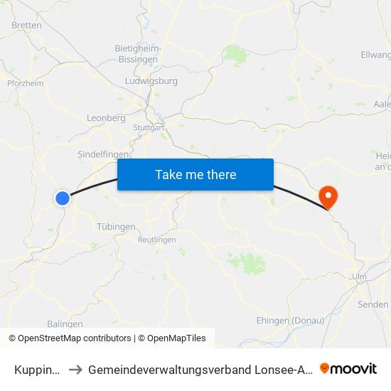 Kuppingen to Gemeindeverwaltungsverband Lonsee-Amstetten map