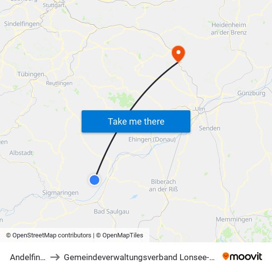 Andelfingen to Gemeindeverwaltungsverband Lonsee-Amstetten map