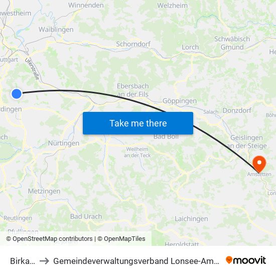 Birkach to Gemeindeverwaltungsverband Lonsee-Amstetten map