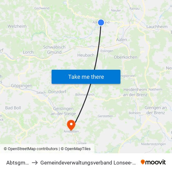 Abtsgmünd to Gemeindeverwaltungsverband Lonsee-Amstetten map