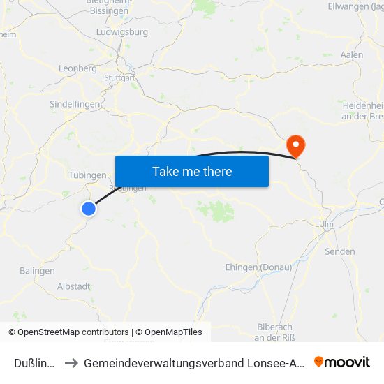 Dußlingen to Gemeindeverwaltungsverband Lonsee-Amstetten map