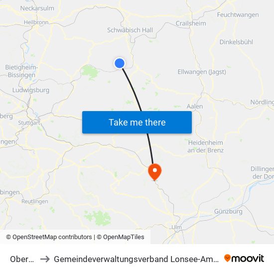 Oberrot to Gemeindeverwaltungsverband Lonsee-Amstetten map