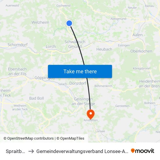 Spraitbach to Gemeindeverwaltungsverband Lonsee-Amstetten map