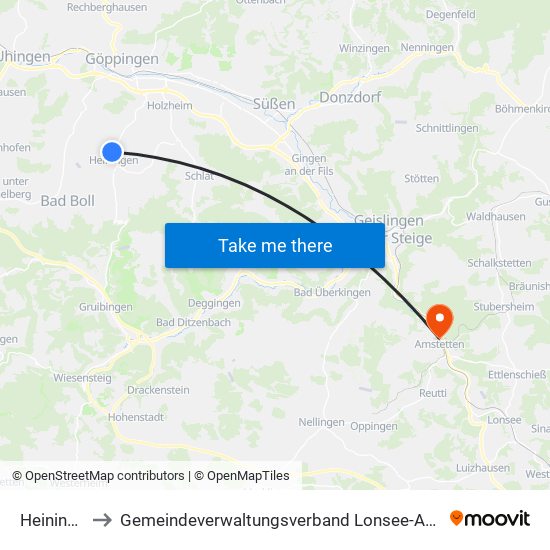 Heiningen to Gemeindeverwaltungsverband Lonsee-Amstetten map