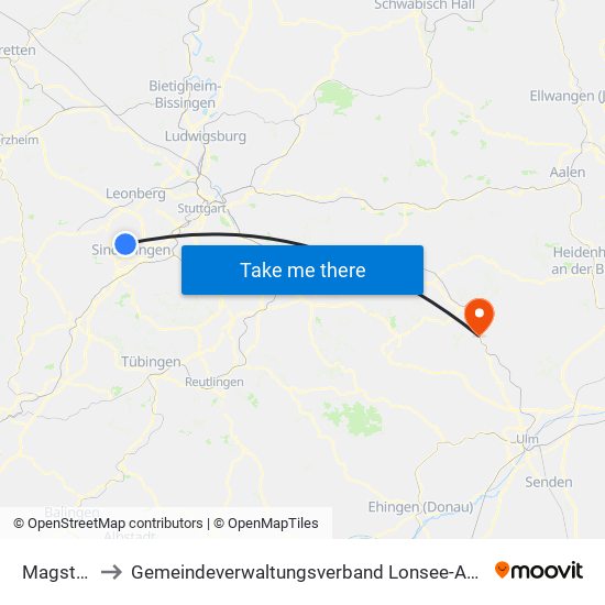 Magstadt to Gemeindeverwaltungsverband Lonsee-Amstetten map