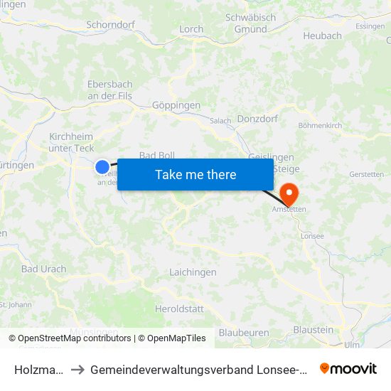 Holzmaden to Gemeindeverwaltungsverband Lonsee-Amstetten map