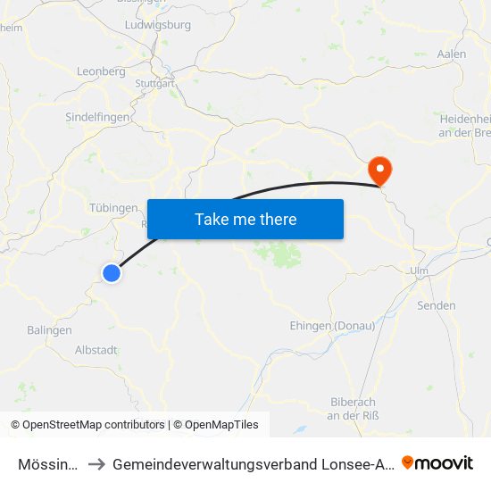 Mössingen to Gemeindeverwaltungsverband Lonsee-Amstetten map