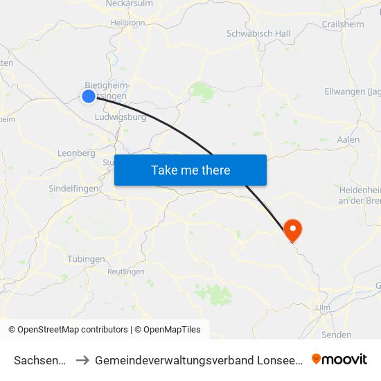 Sachsenheim to Gemeindeverwaltungsverband Lonsee-Amstetten map