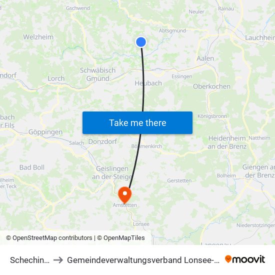 Schechingen to Gemeindeverwaltungsverband Lonsee-Amstetten map