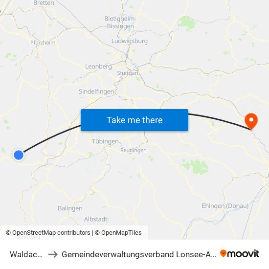 Waldachtal to Gemeindeverwaltungsverband Lonsee-Amstetten map