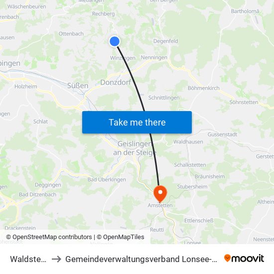 Waldstetten to Gemeindeverwaltungsverband Lonsee-Amstetten map