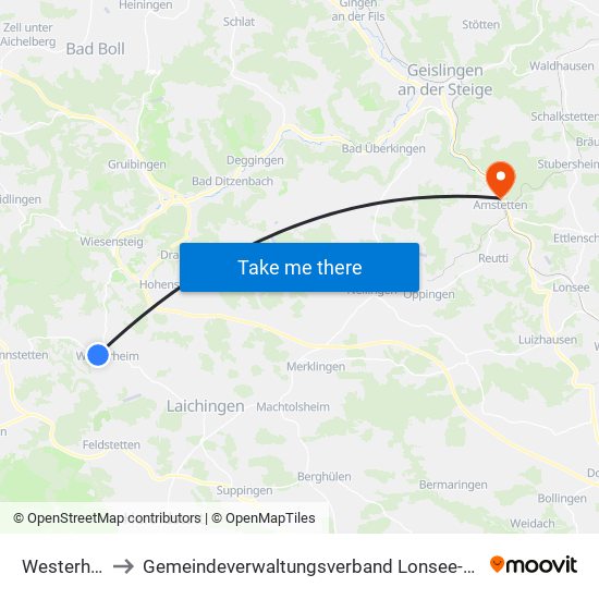 Westerheim to Gemeindeverwaltungsverband Lonsee-Amstetten map