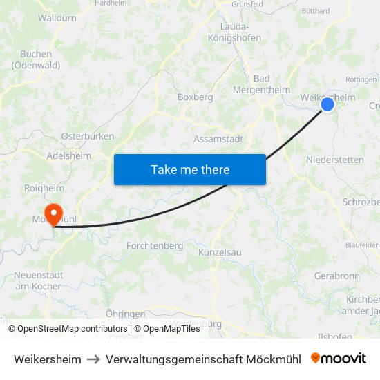 Weikersheim to Verwaltungsgemeinschaft Möckmühl map