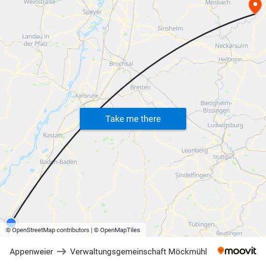 Appenweier to Verwaltungsgemeinschaft Möckmühl map