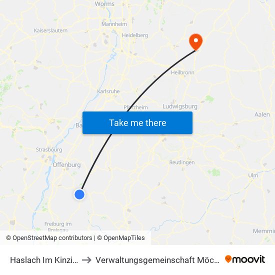 Haslach Im Kinzigtal to Verwaltungsgemeinschaft Möckmühl map