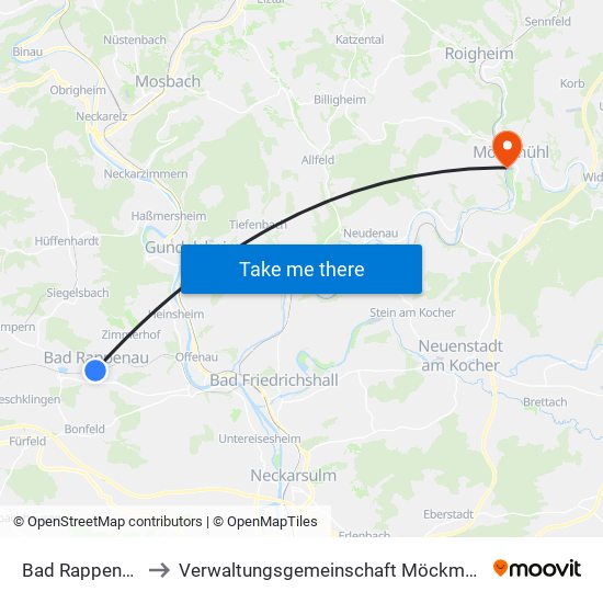 Bad Rappenau to Verwaltungsgemeinschaft Möckmühl map