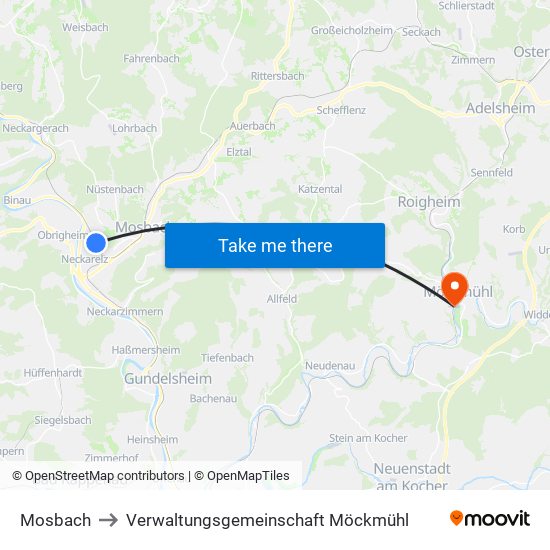 Mosbach to Verwaltungsgemeinschaft Möckmühl map
