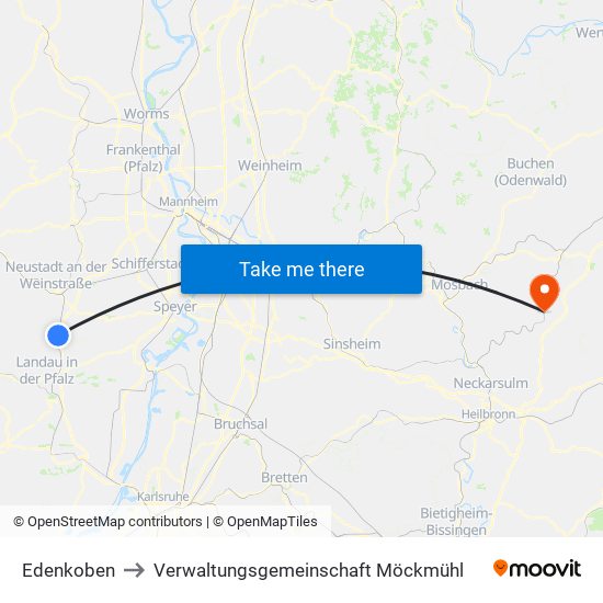 Edenkoben to Verwaltungsgemeinschaft Möckmühl map