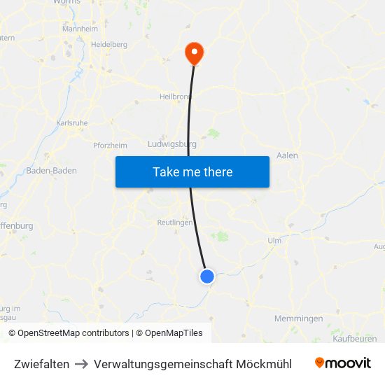 Zwiefalten to Verwaltungsgemeinschaft Möckmühl map