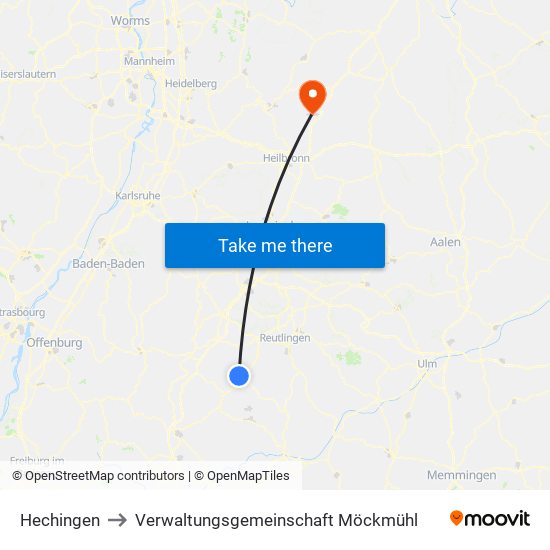 Hechingen to Verwaltungsgemeinschaft Möckmühl map