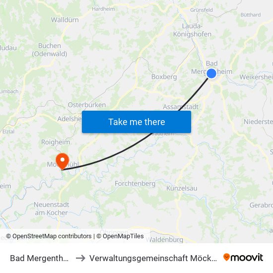 Bad Mergentheim to Verwaltungsgemeinschaft Möckmühl map