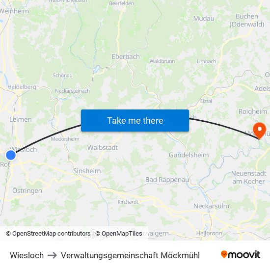 Wiesloch to Verwaltungsgemeinschaft Möckmühl map