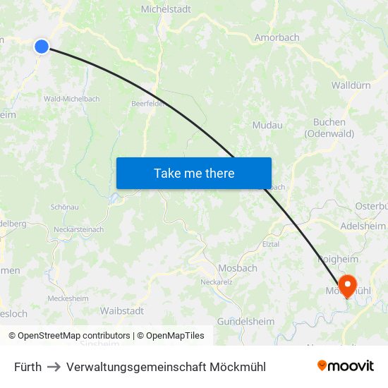Fürth to Verwaltungsgemeinschaft Möckmühl map