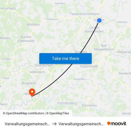 Verwaltungsgemeinschaft Grünsfeld to Verwaltungsgemeinschaft Möckmühl map