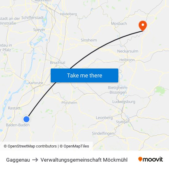 Gaggenau to Verwaltungsgemeinschaft Möckmühl map