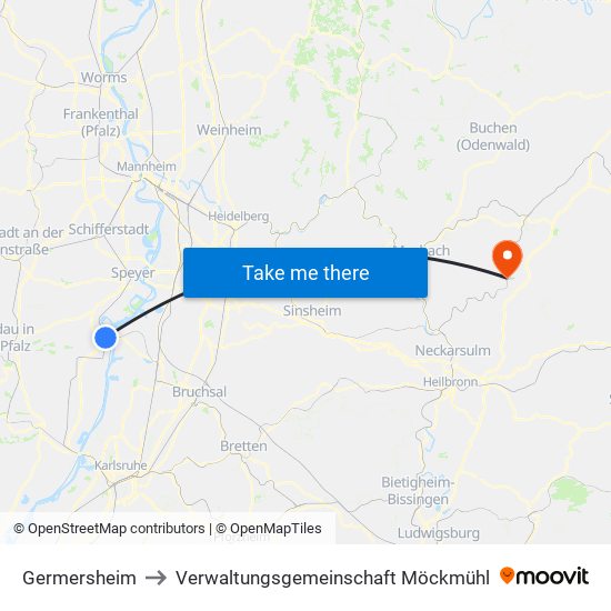 Germersheim to Verwaltungsgemeinschaft Möckmühl map