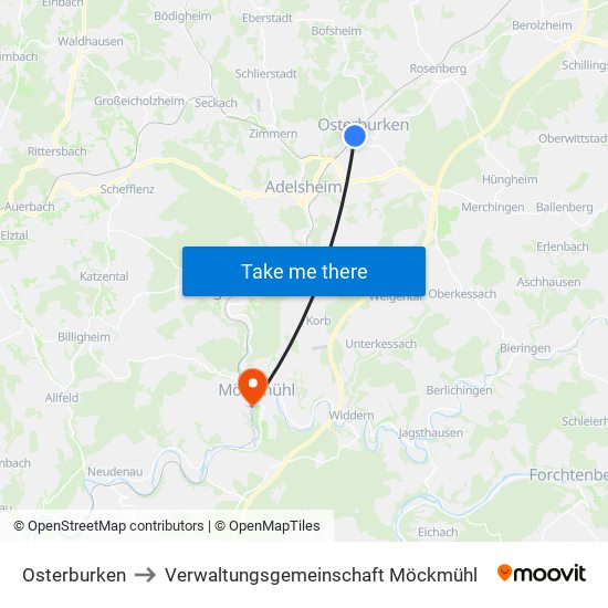 Osterburken to Verwaltungsgemeinschaft Möckmühl map