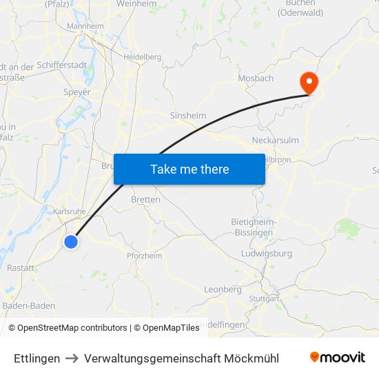 Ettlingen to Verwaltungsgemeinschaft Möckmühl map