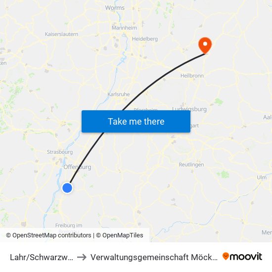 Lahr/Schwarzwald to Verwaltungsgemeinschaft Möckmühl map