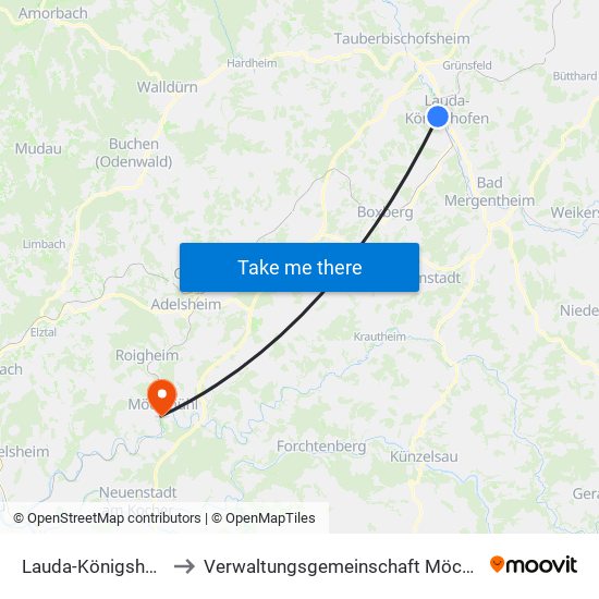 Lauda-Königshofen to Verwaltungsgemeinschaft Möckmühl map