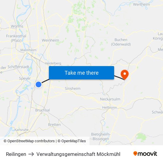 Reilingen to Verwaltungsgemeinschaft Möckmühl map
