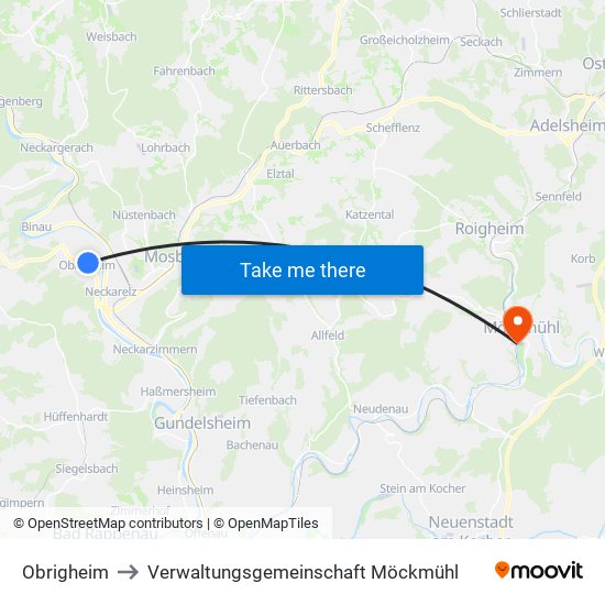 Obrigheim to Verwaltungsgemeinschaft Möckmühl map