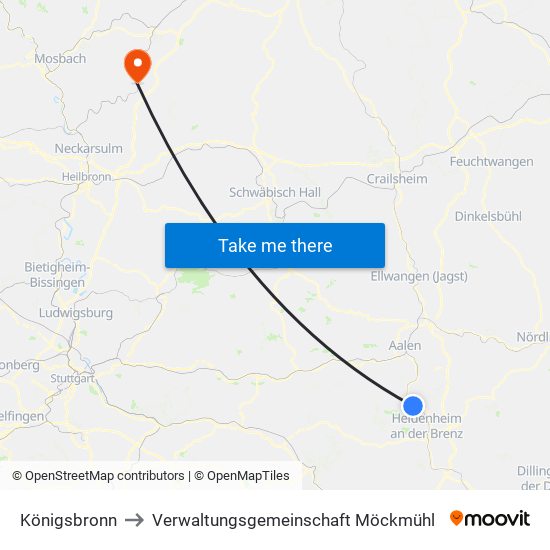 Königsbronn to Verwaltungsgemeinschaft Möckmühl map