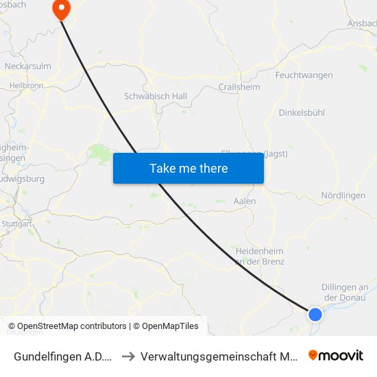 Gundelfingen A.D.Donau to Verwaltungsgemeinschaft Möckmühl map