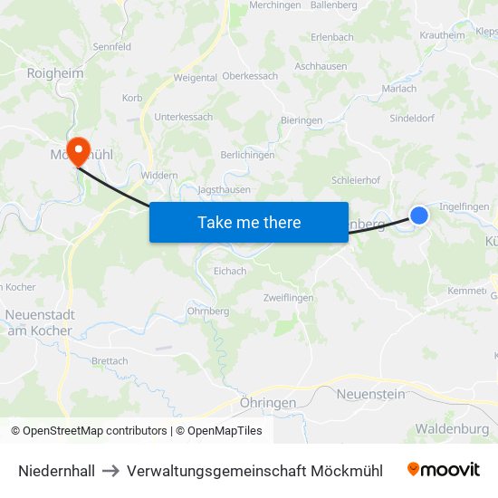 Niedernhall to Verwaltungsgemeinschaft Möckmühl map