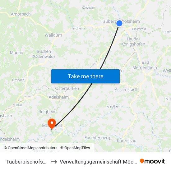 Tauberbischofsheim to Verwaltungsgemeinschaft Möckmühl map