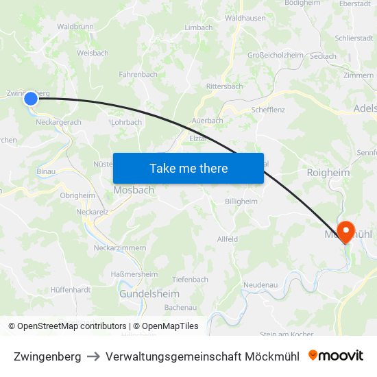 Zwingenberg to Verwaltungsgemeinschaft Möckmühl map
