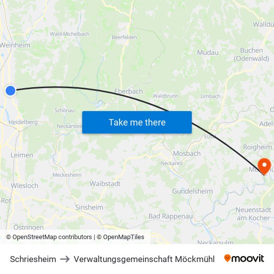 Schriesheim to Verwaltungsgemeinschaft Möckmühl map